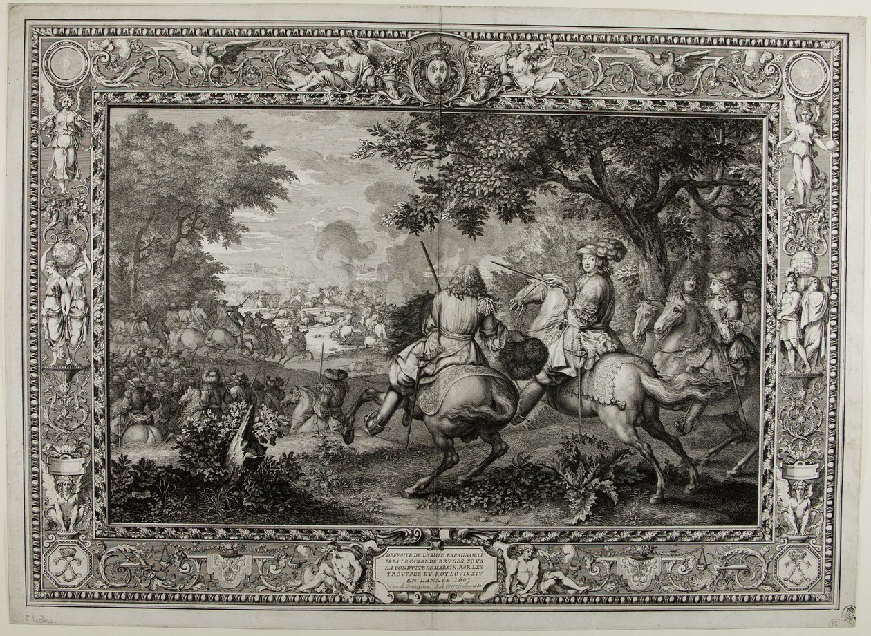 Pokonanie armii hiszpańskiej w pobliżu kanału w Brugii przez wojska króla Ludwika XIV 1667 r. autorstwa Sébastien Le Clerc the elder