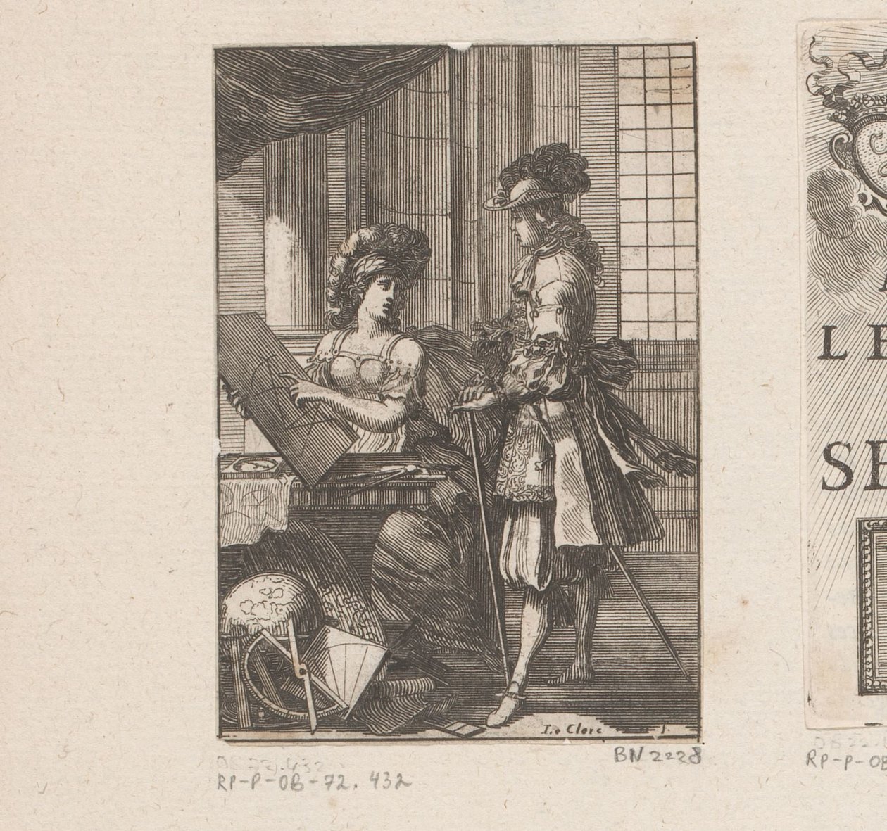 Geometria i młody człowiek z geometrycznym rysunkiem Strona tytułowa dla: Pratique de la géometrie, sur le papier et sur le terenu (...), 1669 autorstwa Sébastien Leclerc (I)