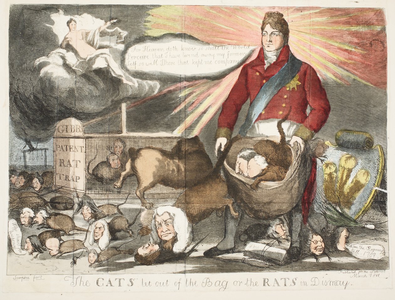 The Cats let out of the bag or the Rats in Dismay, pub March 1811 (akwaforta ręcznie kolorowana) autorstwa Scarpione
