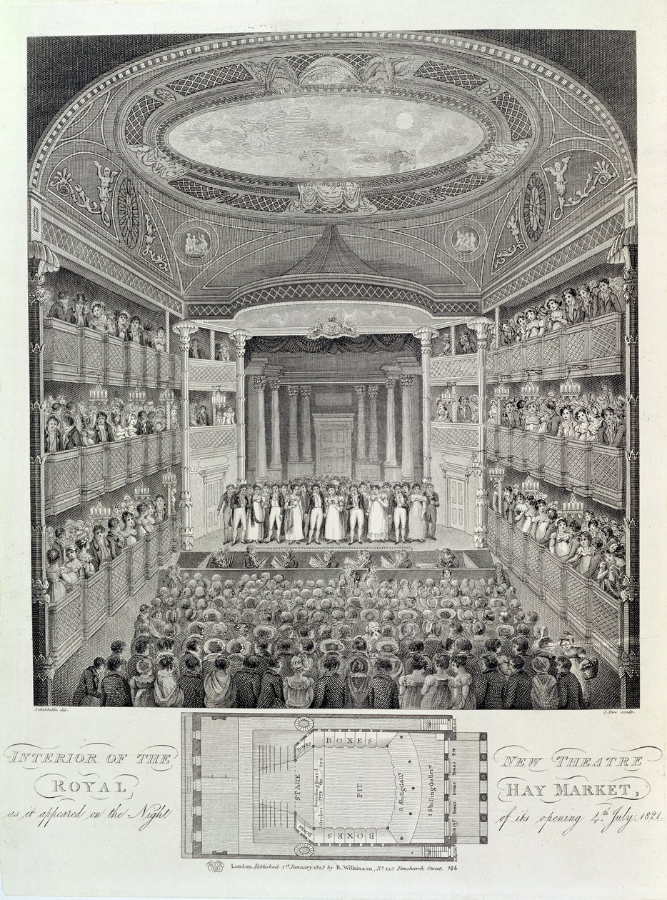 Wnętrze Nowego Teatru Królewskiego, Haymarket, jak wyglądało w noc jego otwarcia, 4 lipca 1821, ryty przez Jamesa Stow (ok.1770-s.1823), 1823 autorstwa Schebbellie