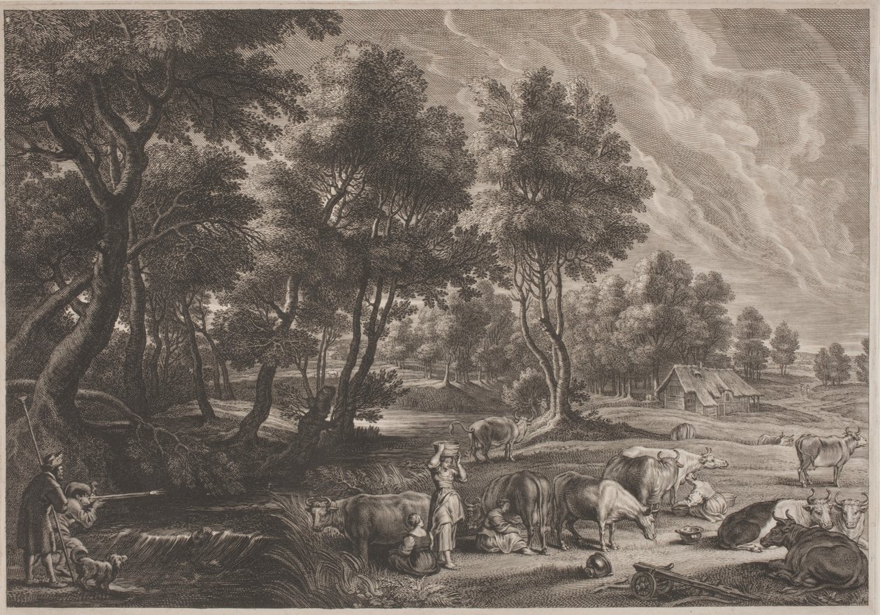 Krajobraz farmy z myśliwymi i dojarkami autorstwa Schelte Adams Bolswert, after Sir Peter Paul Rubens