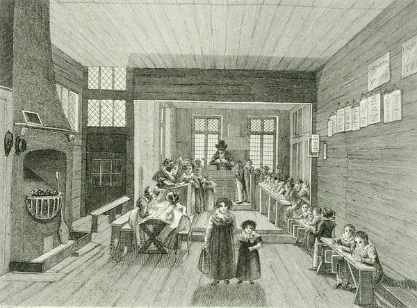 Widok wnętrza szkoły połączonej z John Bunyans Meeting House przy Zoar Street, Southwark, wyryty przez Dale
