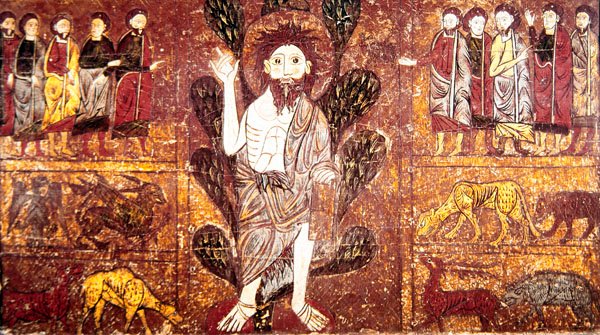 Św. Jan Chrzciciel nauczający na pustyni i w otoczeniu dzikich zwierząt, z frontu ołtarzowego w Gesera, XIII w. autorstwa School of Aragon