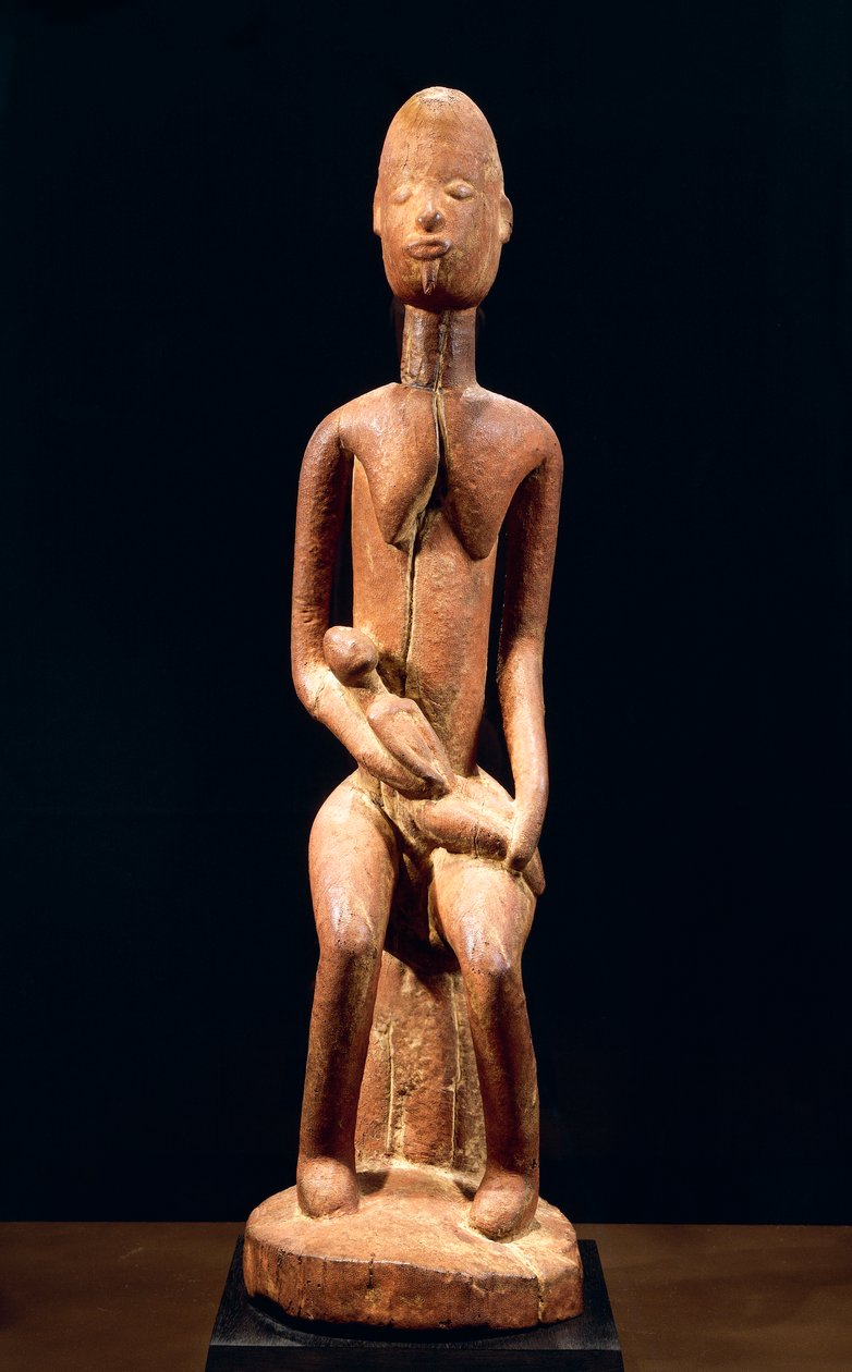 Drewniana rzeźba przedstawiająca Matkę i Dziecko, autorstwa Master of Red Maternity, wysokość 59 cm, sztuka plemienia Dogonów Mali autorstwa School African