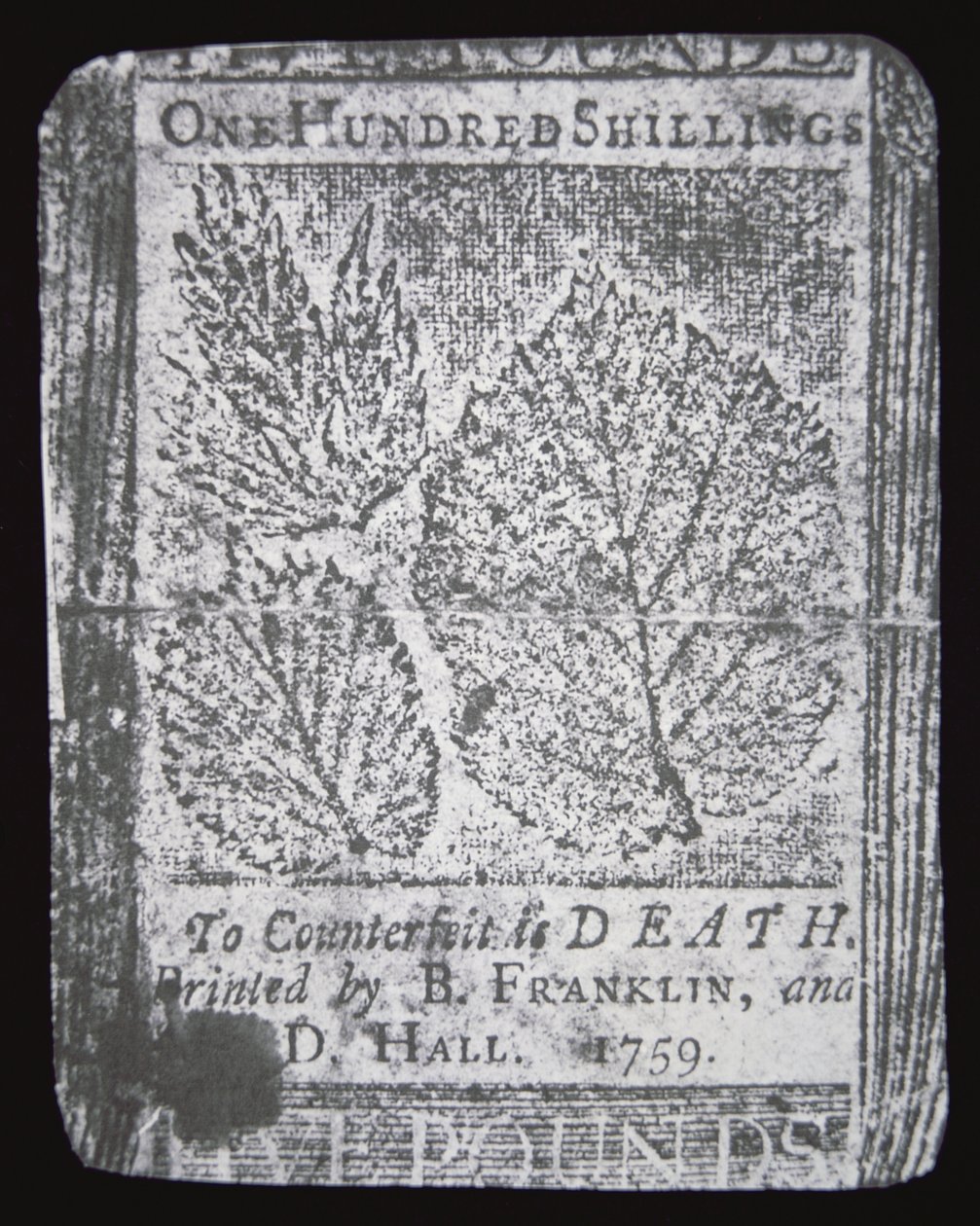Banknot o wartości 100 szylingów zaprojektowany i wydrukowany przez Benjamina Franklina w 1759 roku (lito) autorstwa School American
