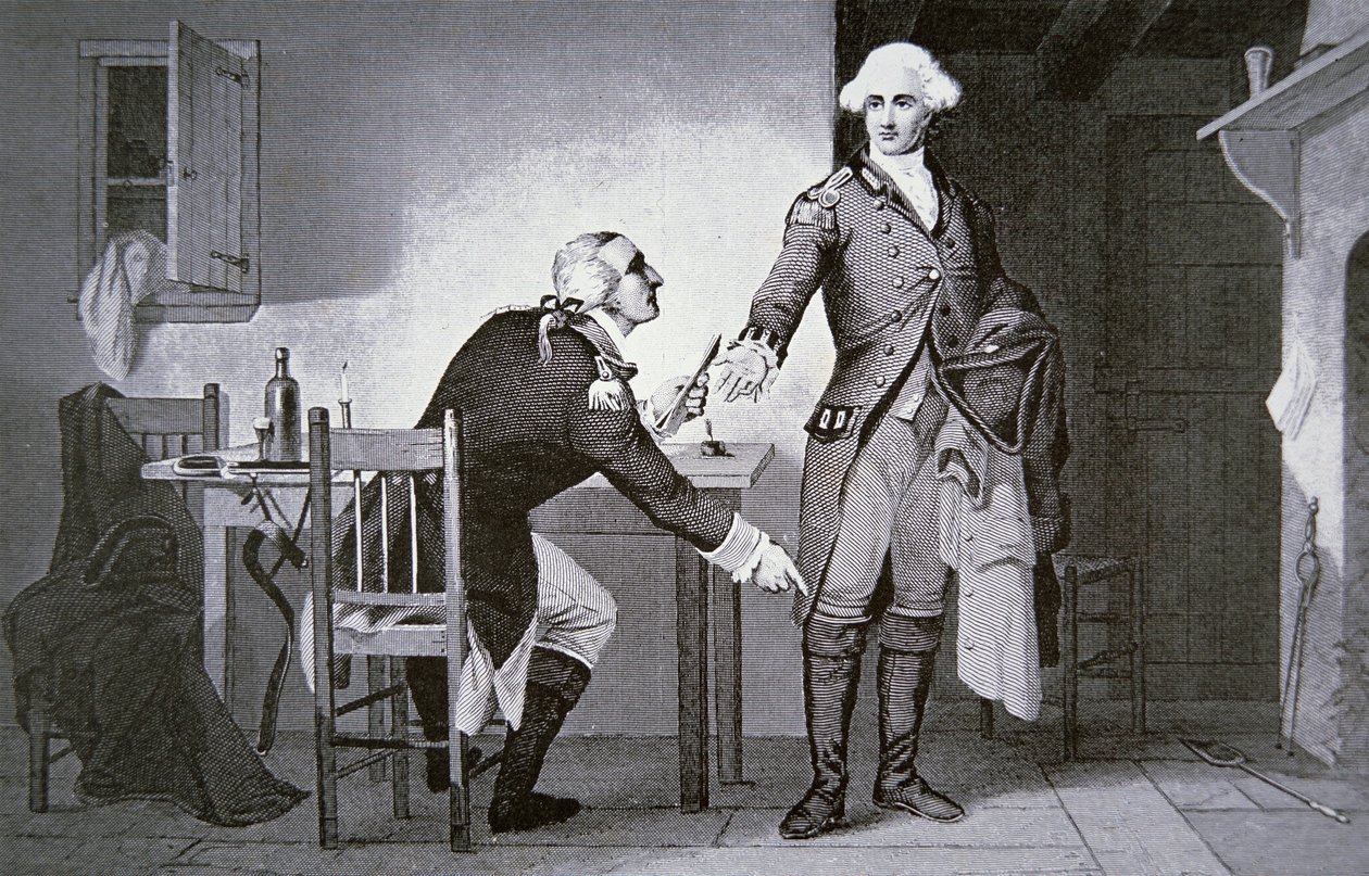 Amerykański zdrajca: Generał Benedict Arnold instruuje Andre, aby ukrył dokumenty w cholewce buta (litos) autorstwa School American