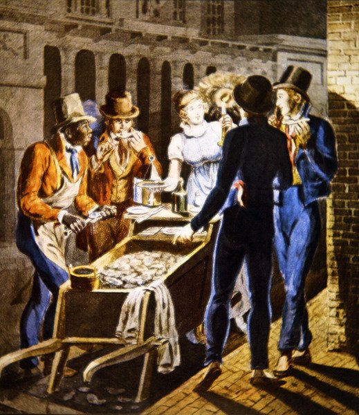 Ostryga sprzedający swoje towary przed Chestnut Street Theatre w Filadelfii, ok. 1796 (akwarela na papierze) autorstwa School American
