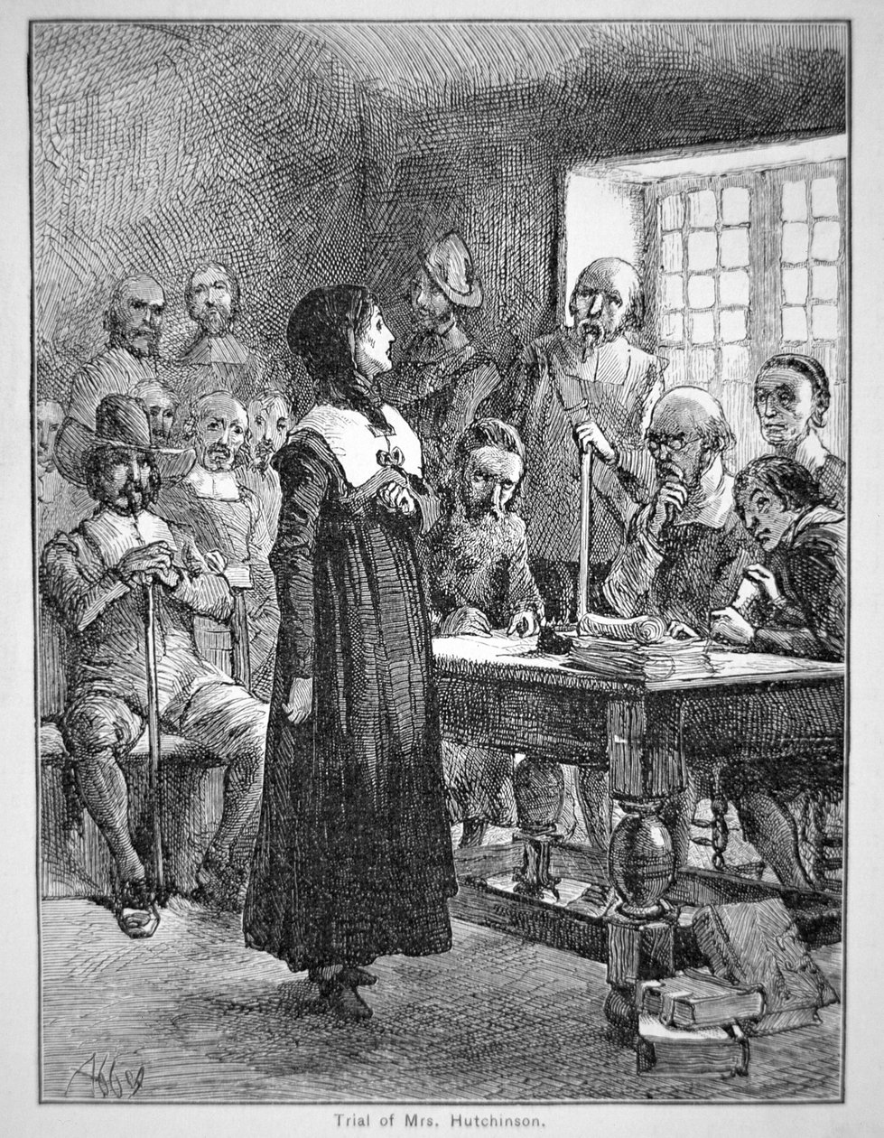 Anne Hutchinson na procesie za obrazę duchownych purytańskich w Massachusetts (litografia) autorstwa School American