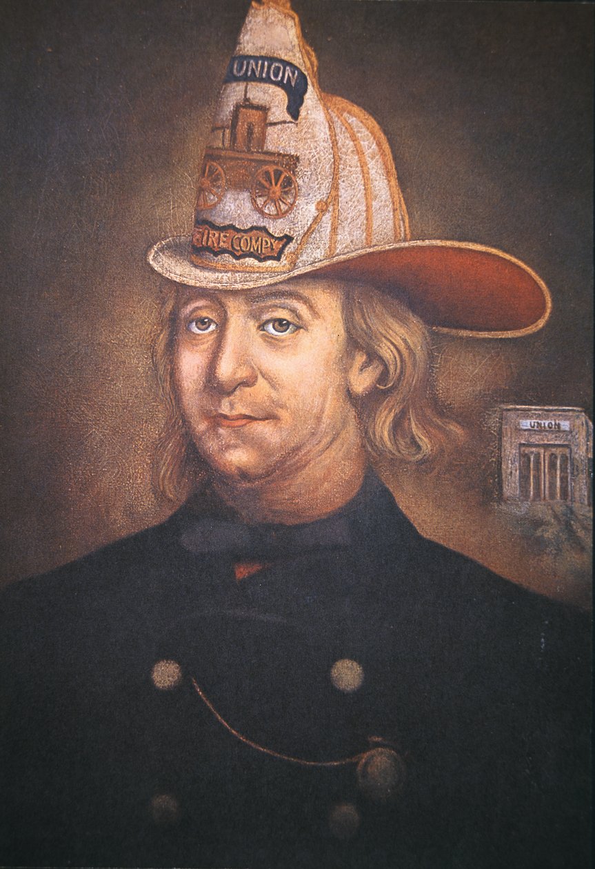 Benjamin Franklin w mundurze Union Fire Company, którą założył w Filadelfii w 1736 roku (kolor lito) autorstwa School American