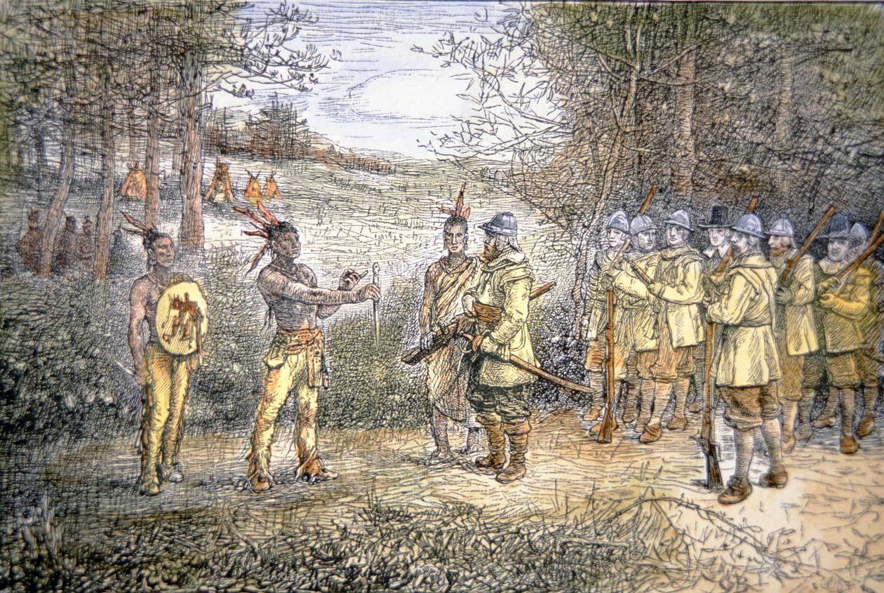 Kapitan Miles Standish handluje z Indianami Wampanoag w 1621 roku (kolor lito) autorstwa School American