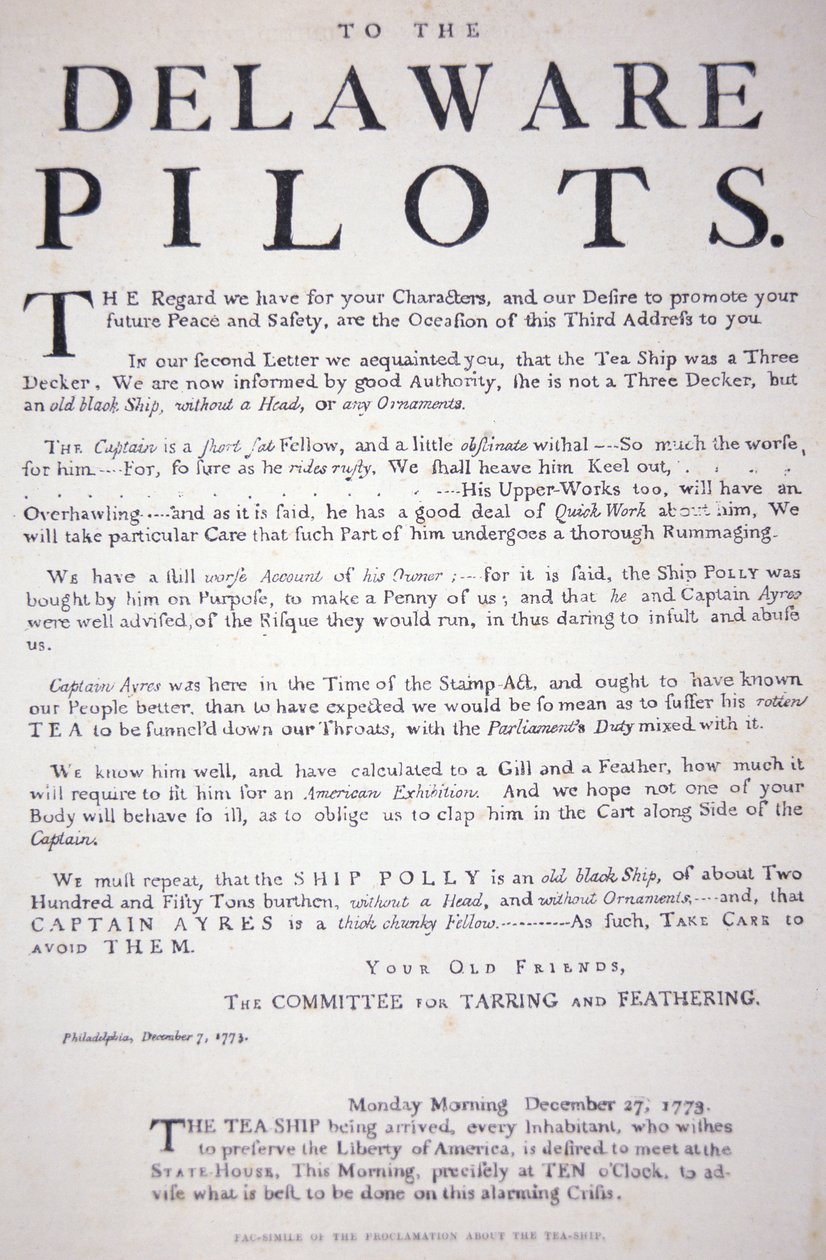 Faksymile proklamacji od patriotów z Filadelfii do pilotów z Delaware, ostrzegającej ich, by nie zajmowali się brytyjskim sklepem z herbatą, 7 grudnia 1773 r. (lito) autorstwa School American