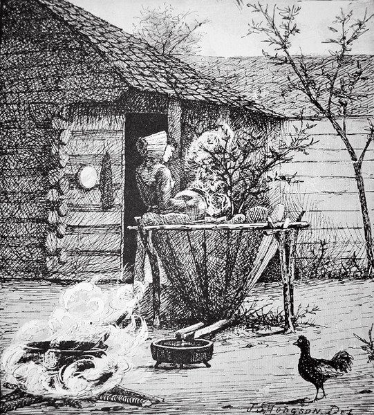 Scena na farmie - kobieta przy kadzi do prania, wg ilustracji J.S. Hodgsona (litografia) autorstwa School American