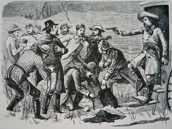 Czterech bandytów obezwładnia i plądruje dwóch oficerów i siedmiu żołnierzy w pobliżu Bismarck na terytorium Dakoty, z „New York Illustrated Times” autorstwa School American