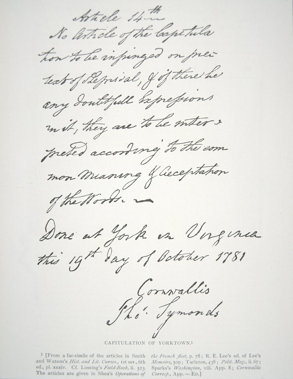 List kapitulacji Yorktown, podpisany przez Lorda Cornwallisa autorstwa School American