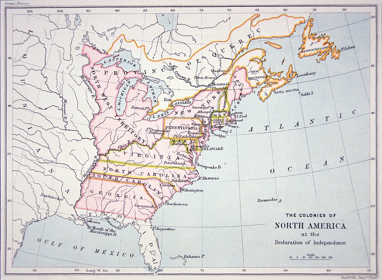 Mapa kolonii Ameryki Północnej w czasie Deklaracji Niepodległości (kolorowe grawerowanie) autorstwa School American