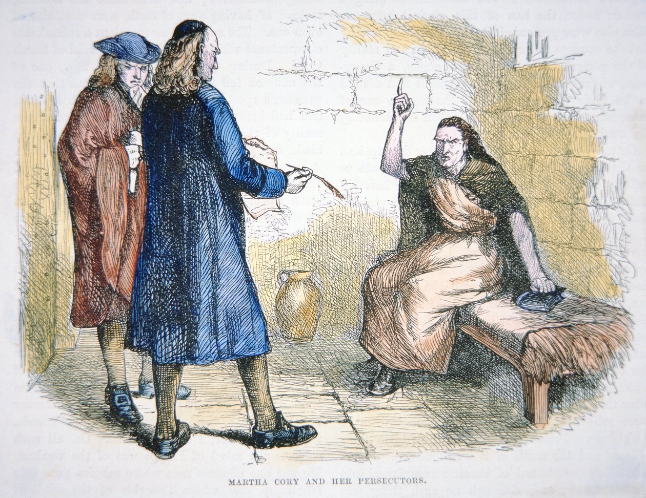 Martha Corey jest oskarżona o czary podczas procesów czarownic w Salem w 1692 roku (kolor lito) autorstwa School American