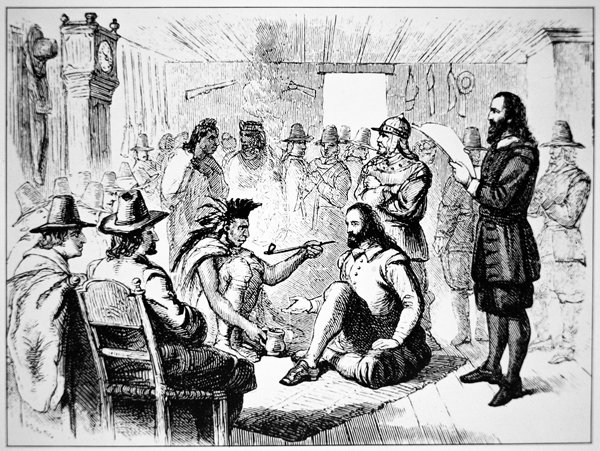 Massasoit, wódz ludu Wampanoag, przedłuża fajkę pokoju do Johna Carvera w 1621 roku (lito) autorstwa School American