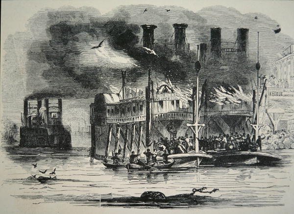 Parowce Mississippi w ogniu w St. Louis (grawerowanie) autorstwa School American
