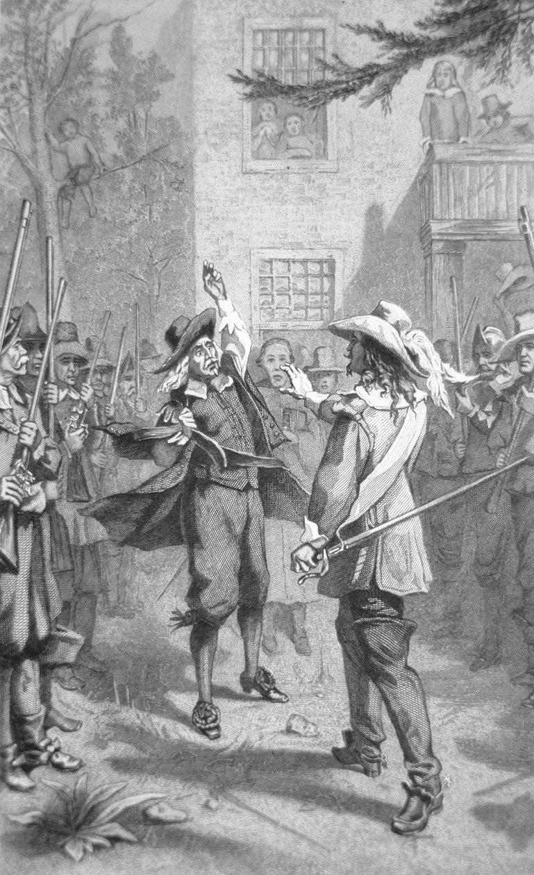 Nathaniel Bacon konfrontuje się z Sir Williamem Berkeleyem (grafika) autorstwa School American
