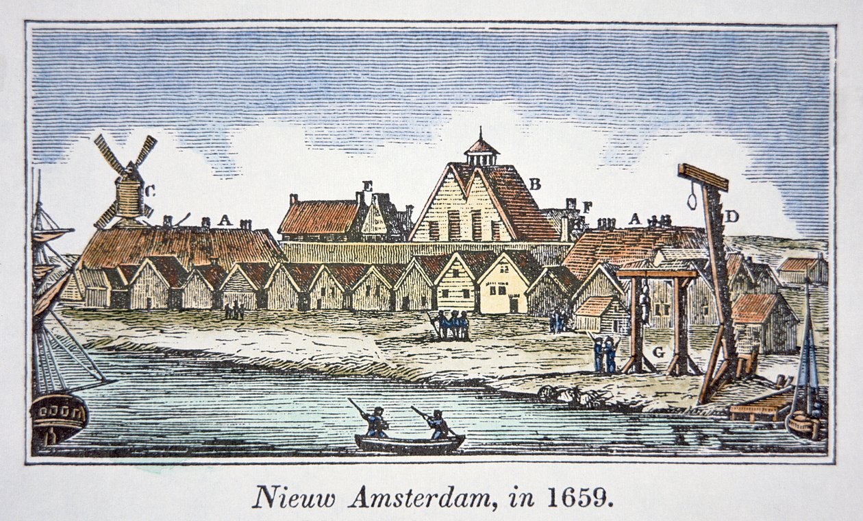 Nowy Amsterdam (później Nowy Jork) na Manhattanie, widok opublikowany w 1659 (kolor lito) autorstwa School American
