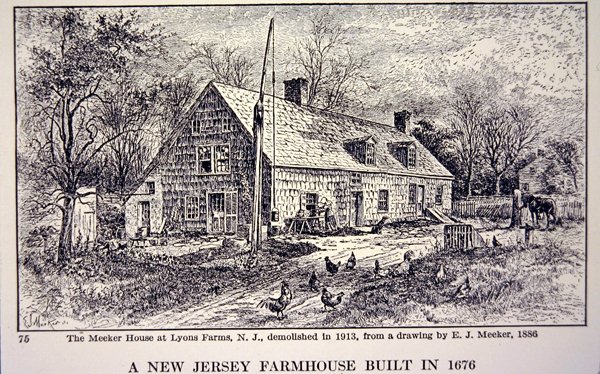 Dom wiejski w New Jersey zbudowany w 1676 r., po rysunku EJ Meekera z 1886 r. (lito) autorstwa School American