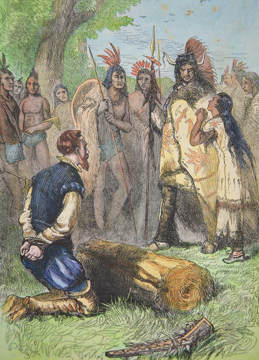 Pocahontas ratuje życie Johna Smitha (kolorowy grawer) autorstwa School American