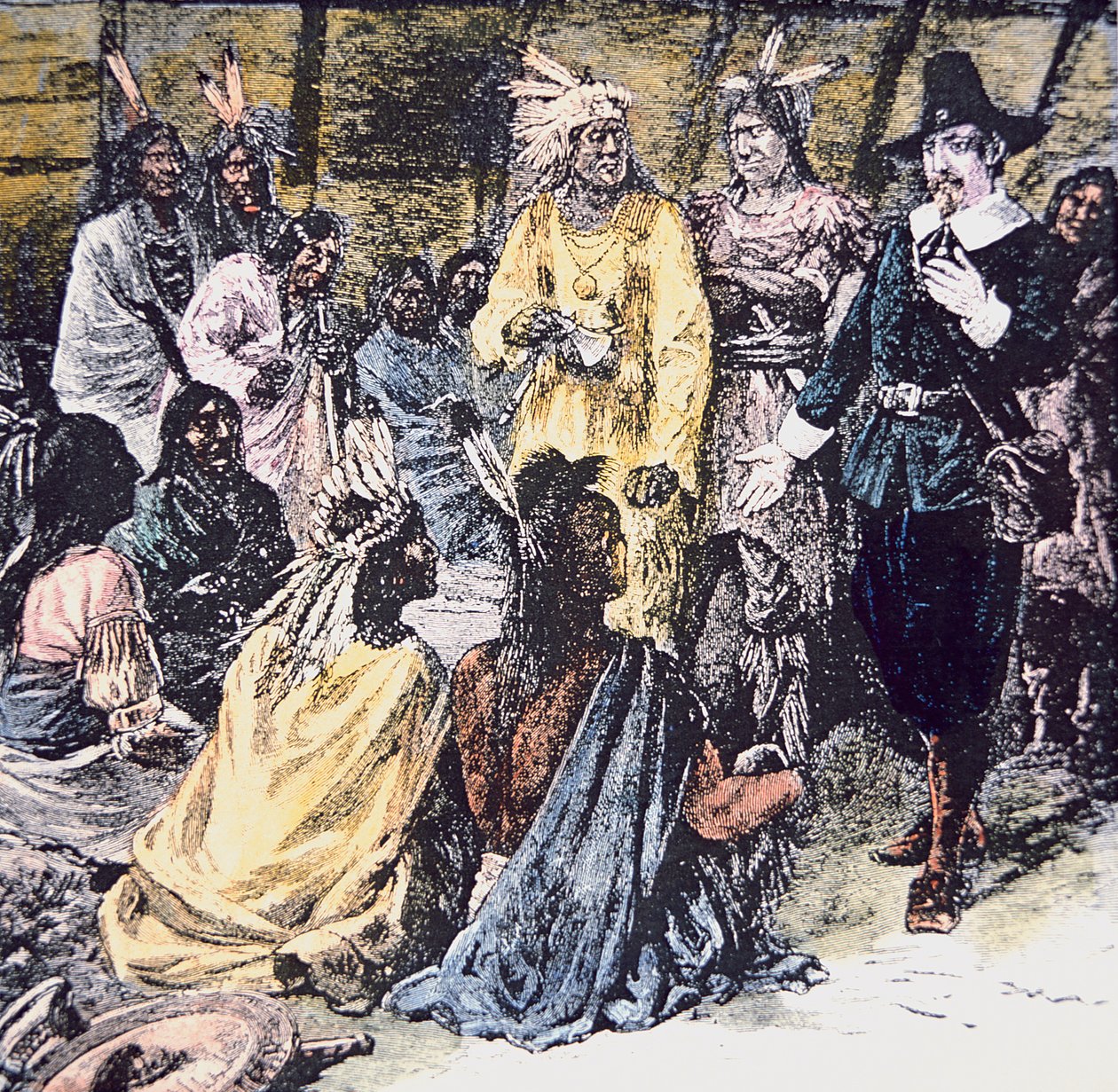 Roger Williams kupuje wymaganą ziemię od Indian Narragansett (kolor lito) autorstwa School American