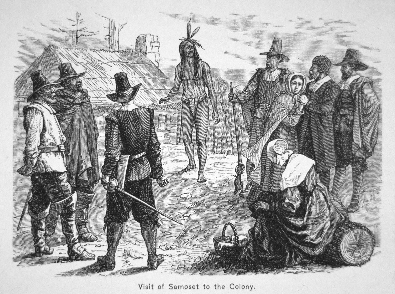 Samoset, wódz Pemaquidów odwiedza Ojców Pielgrzymów w 1621 r. (lito) autorstwa School American