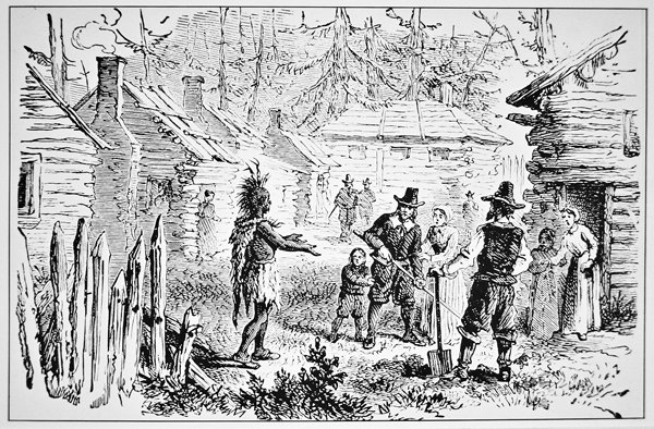 Samoset, wódz Pemaquidów odwiedza Ojców Pielgrzymów w 1621 r. (lito) autorstwa School American