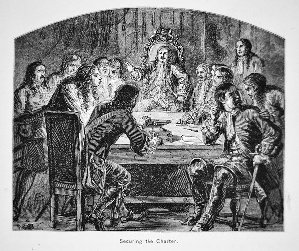 Sir Edmund Andros domaga się poddania się Karty Connecticut w 1687 roku w celu ustanowienia Dominium Nowej Anglii (lito) autorstwa School American