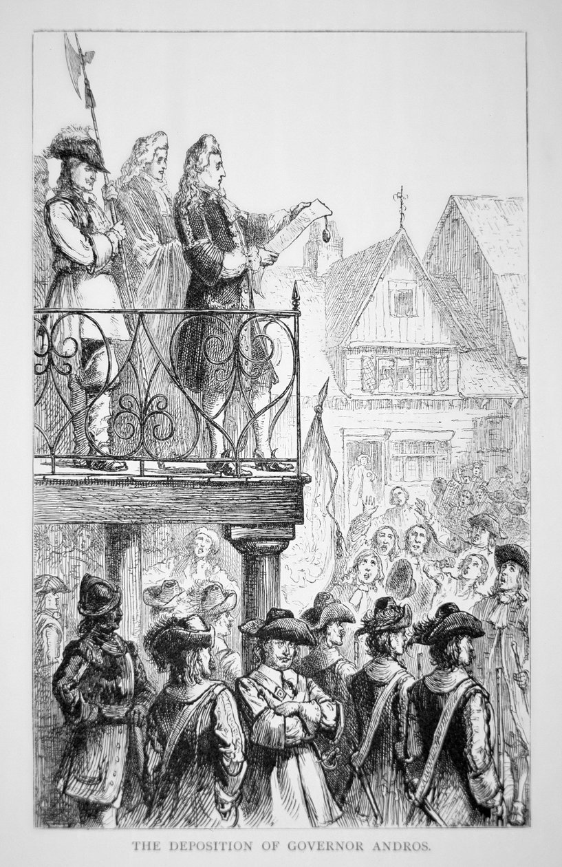 Sir Edmund Andros proklamuje Dominium Nowej Anglii w 1686 roku z samym sobą jako gubernatorem (litografia) autorstwa School American