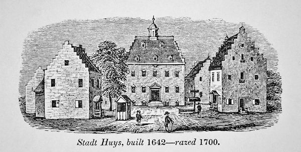 Holenderski Stadt Huys, New Amsterdam (Nowy Jork), zbudowany w 1642 i zrównany z ziemią w 1700 (lito) autorstwa School American