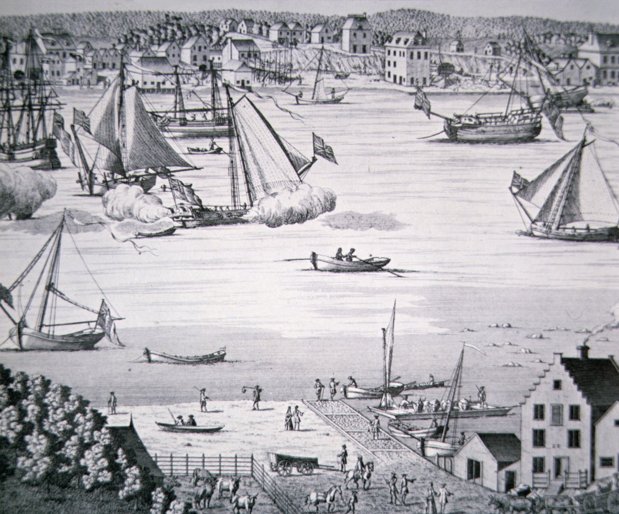 Widok na East River, Nowy Jork ok. 1750 z centrum budowy statków (lito) autorstwa School American