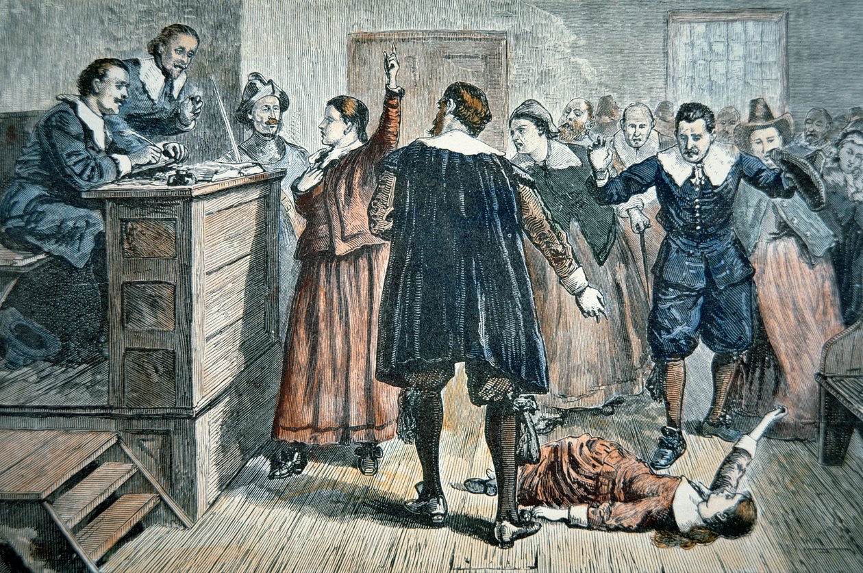 Czarownice z Salem - dziewczyna zaczarowana na procesie w 1692 roku (kolor lito) autorstwa School American