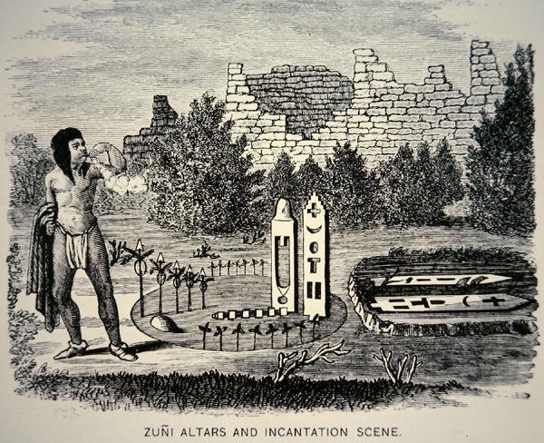 Zuni Tribesman dmuchający pyłkiem nad kapliczką Pueblo (rycina) autorstwa School American