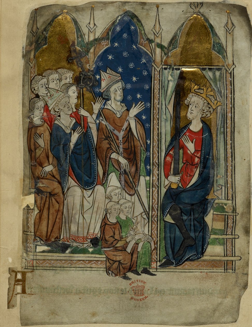 Bawełna Witeliusz A. XIII f.6v Król Edward I siedzący ze swoim dworem i urzędnikami, z „Miscellaneous Chronicles”, ok. 1280-1300 (tusz, kolor i złoto na welinie) autorstwa School Anglo French