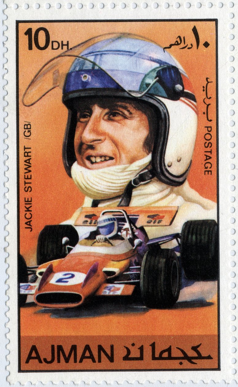 Pieczęć Emirates Arab Units przedstawiająca szkockiego kierowcę samochodu Jackie Stewart (Ne 1939) autorstwa School Arabic