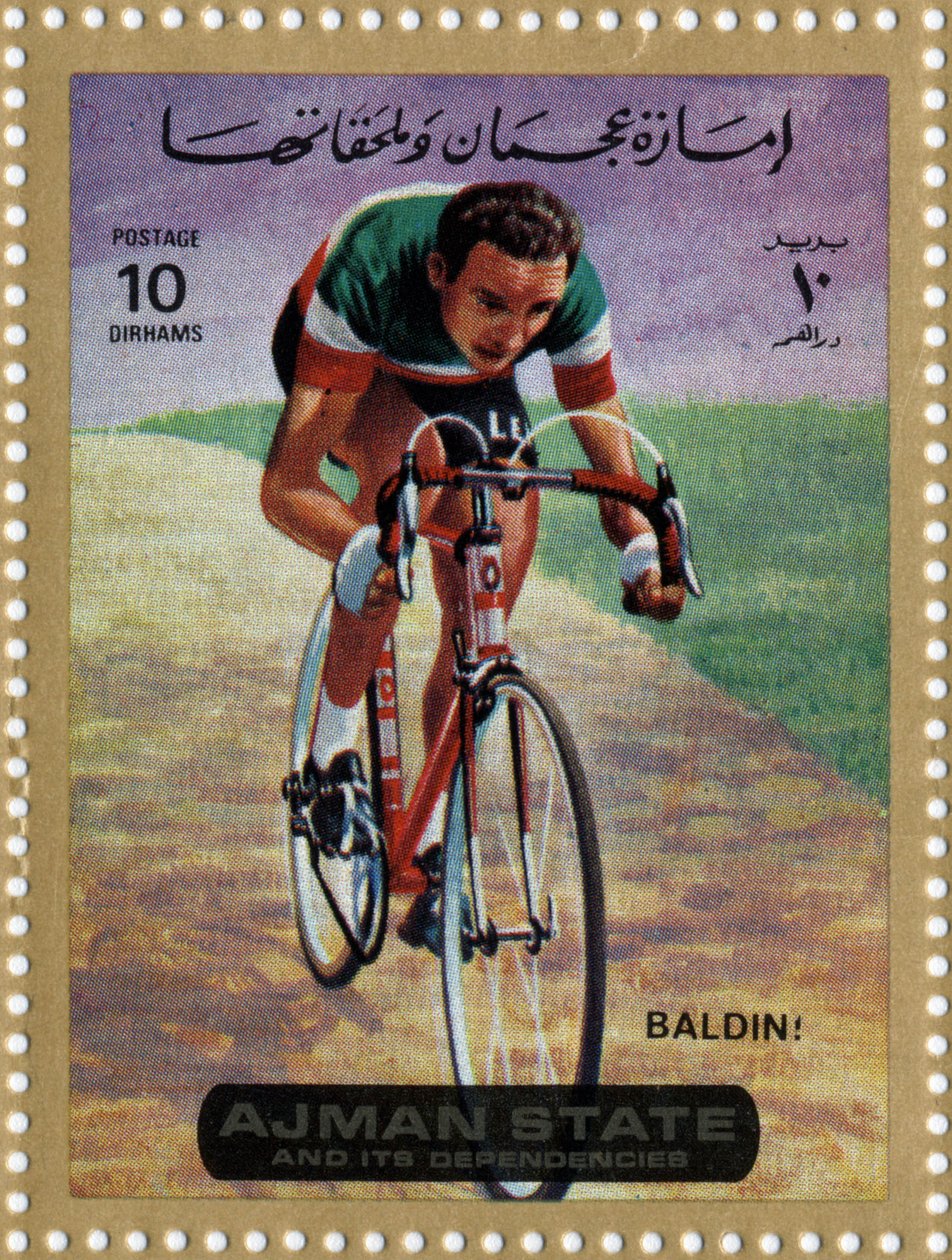 Pieczęć ZEA przedstawiająca rowerzystę Ercole Baldini (Ne 1933). autorstwa School Arabic