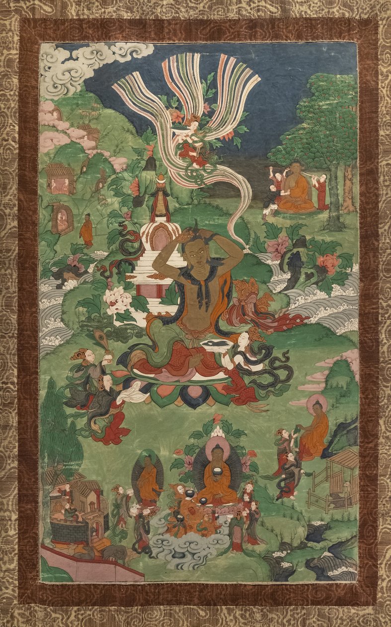 Fryzura i inne sceny. Thangka z sequela poświęconego głównym epizodom z życia Buddy. autorstwa School Asian