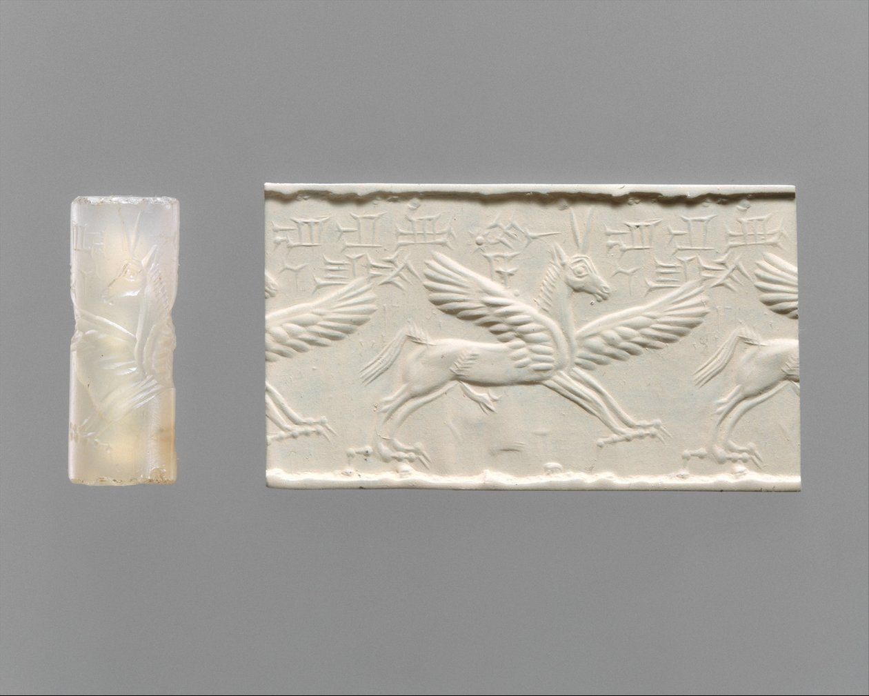 Pieczęć cylindryczna i współczesny impresja: skrzydlaty koń z pazurami i rogami, ok. XIV–XIII w. p.n.e. (chalcedon) autorstwa School Assyrian