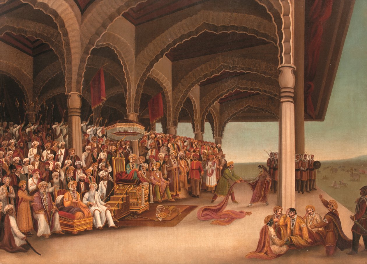 Bez tytułu (Rozbieranie się Draupadi), ok. koniec XIX wieku (olej na płótnie) autorstwa School Bengali