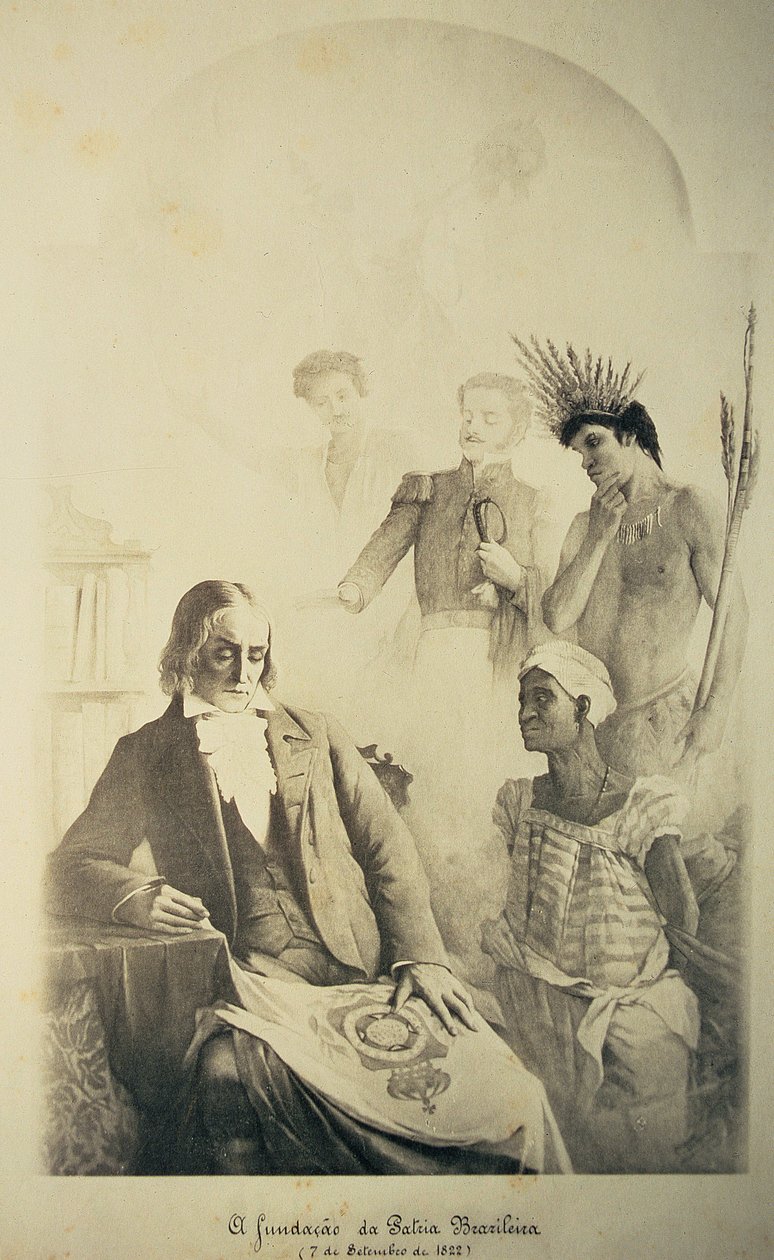Założyciel Brazylii, 7 września 1822 - Alegoria reprezentująca trzy rasy: afrykańskiego niewolnika, Portugalczyka i rdzennego Indianina z Jose Bonifacio (1763-1838) i Pedro I (1793-1834) autorstwa School Brazilian