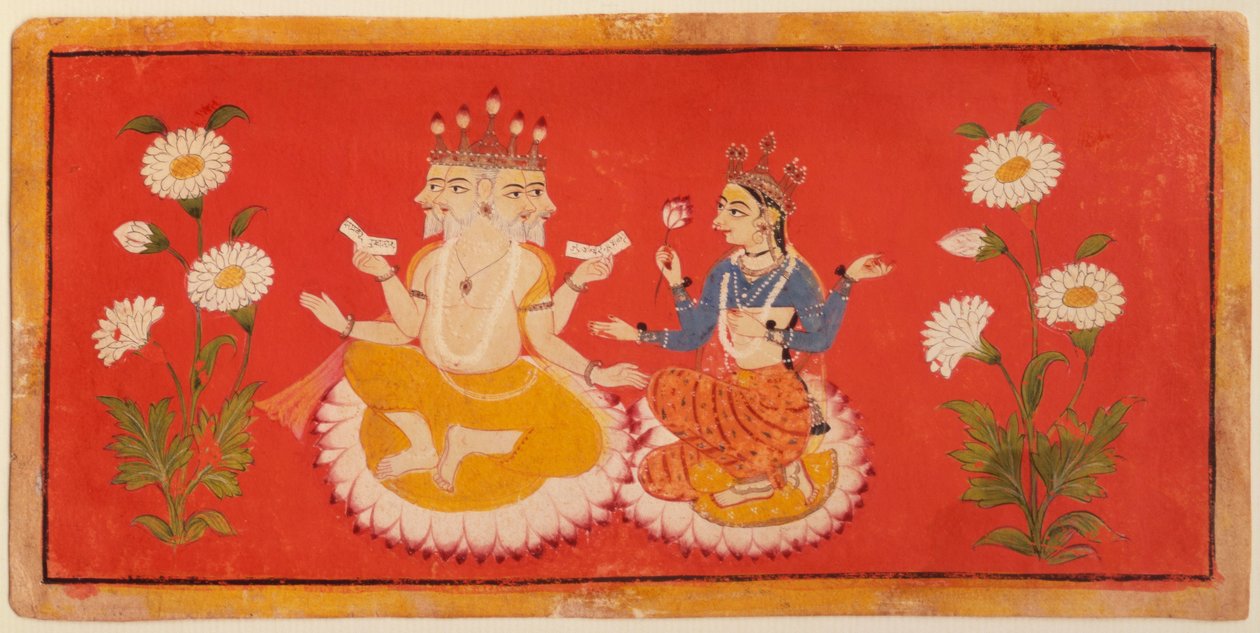 Brahma siedzący z Saraswati Brahmą trzymającym Cztery Wedy i Saraswajem trzymającym płatek lotosu, ok. 1650 (gwasz) autorstwa School Bundi