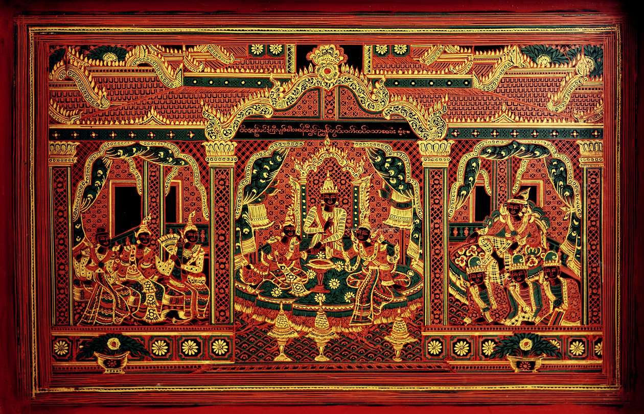 Fragment skrzyni rękopisu z Myanmaru (lakierowane drewno) autorstwa School Burmese