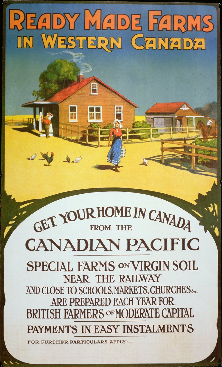 Plakat reklamujący „Gotowe farmy w zachodniej Kanadzie”, ok. 1900 (kolor lito) autorstwa School Canadian