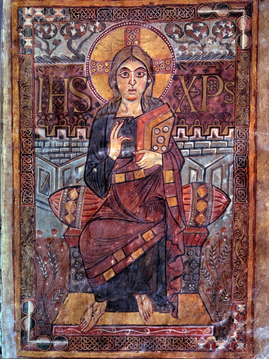 Sztuka karolińska: Chrystus w majestacie (w chwale). Miniatura z rękopisu „Evangeliaire de Godescalc, Ecole du Palais de Charlemagne” (folio 3), kopia Godescalca ze skarbca Saint-Sernin de Toulouse, Bibliotheque du Louvre, 781-783. BN, Paryż autorstwa School Carolingian