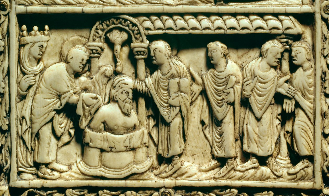 Sztuka karolińska: detal: chrzest Clovis I (466-511) w obecności królowej Clothilde w dniu 25.12.0498. IX wiek. Amiens, Muzeum Pikardii. autorstwa School Carolingian