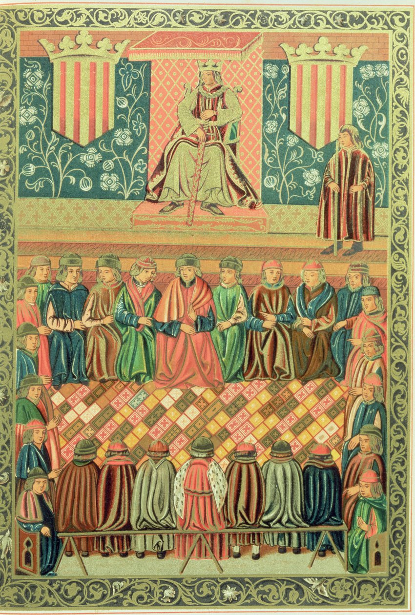 Król Jakub I Zdobywca przewodniczący Cortes of Lleida w marcu 1242, z rękopisu „Constitucions de Catalunya” autorstwa School Catalan