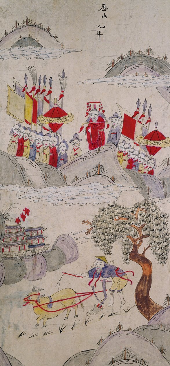 Panel z ośmiokrotnie złożonego ekranu przedstawiającego słynne historie Chin (naturalne pigmenty na papierze) autorstwa School Chinese