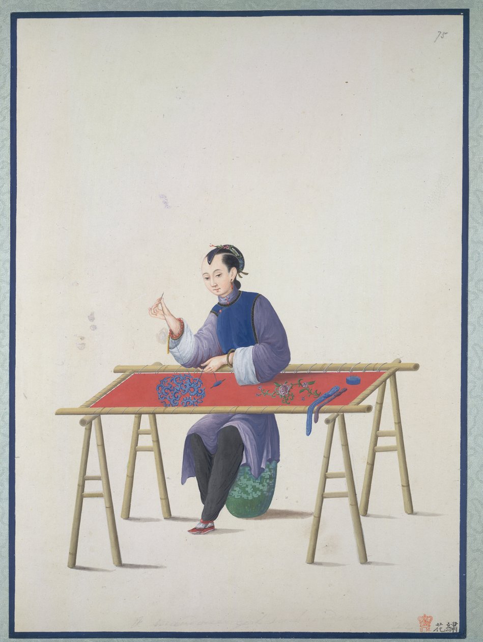 Haft kobieta, ok. 1800 (akwarela na papierze) autorstwa School Chinese